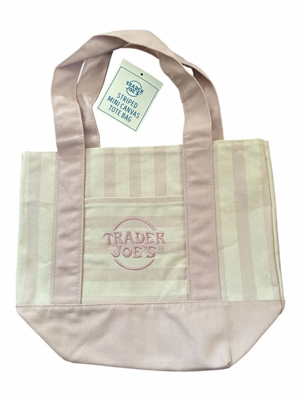 Trader Joe’s Striped Mini Canvas Tote – Pink & Cream Embroidered Logo